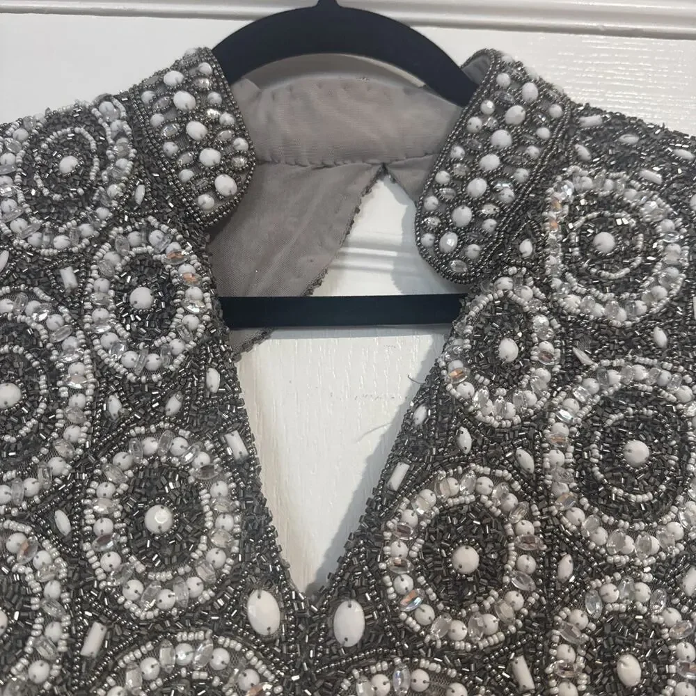 NWT Basix Black Label Fully Hand Beaded Sequin Dress Gown Gray White Size 14